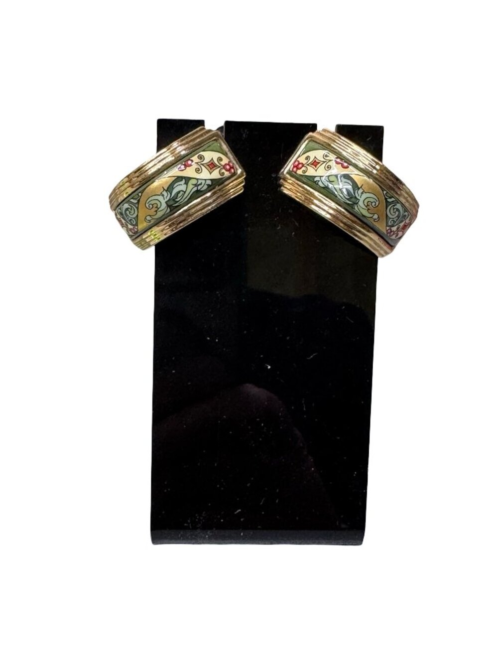 Michaela Frey Wien Gold-Tone Clip-On Earrings Art Deco Enamel Floral Design Vtg